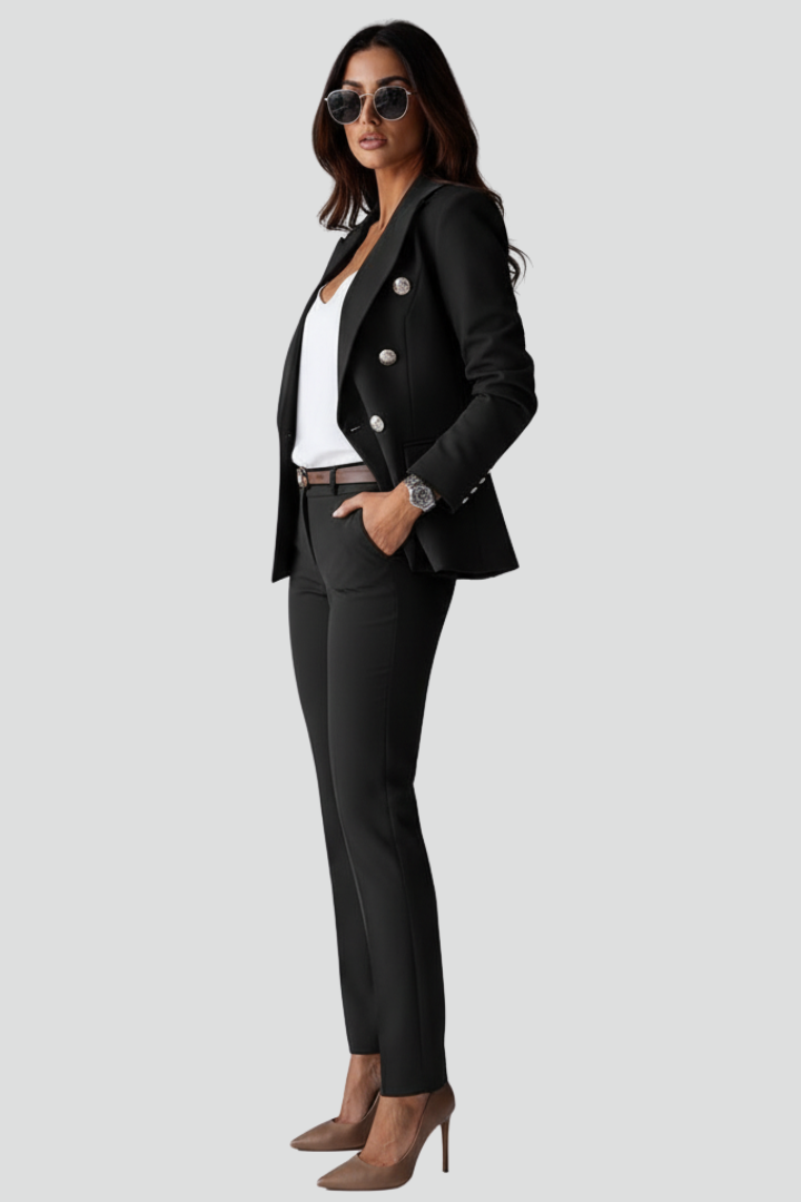 Close-up of tailored blazer lapel, showcasing professional women's fashion details