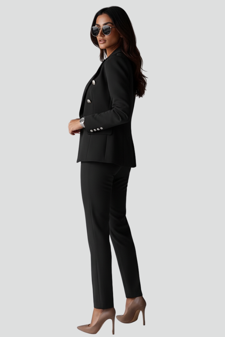 Back view of women's professional suit, highlighting the tailored fit of the blazer
