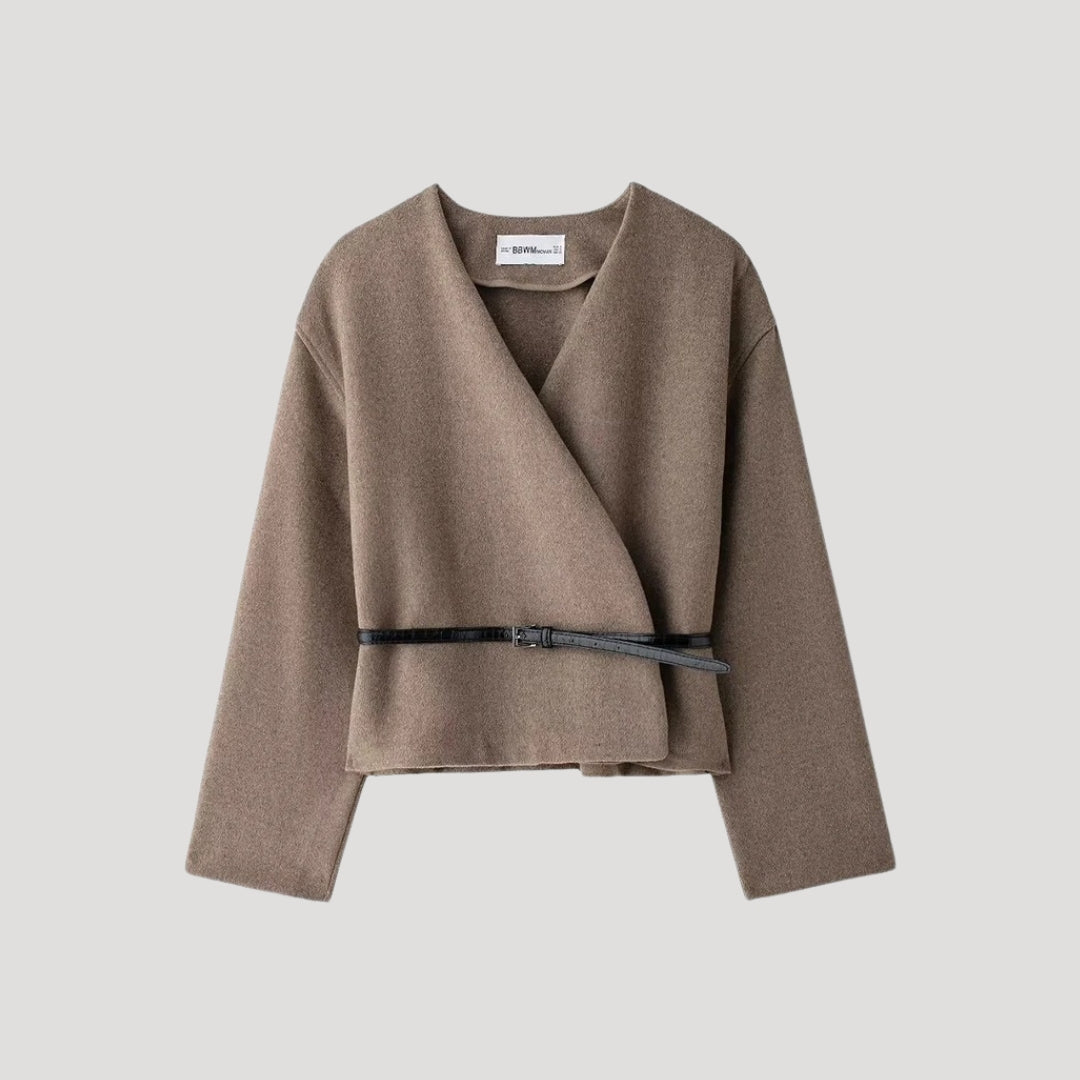 Women's taupe long sleeve belted wrap jacket top, lightweight and casual for spring