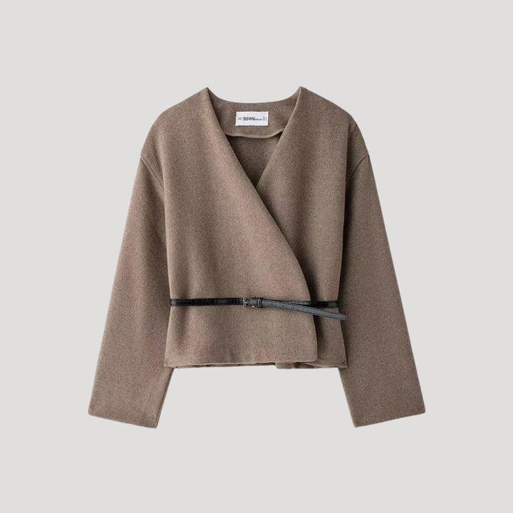 Women's taupe long sleeve belted wrap jacket top, lightweight and casual for spring