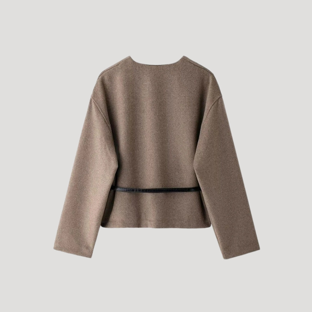 Stylish women's spring belted wrap jacket in taupe, perfect for business casual or everyday wear