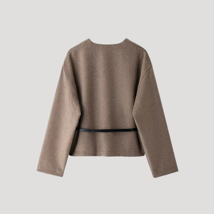Stylish women's spring belted wrap jacket in taupe, perfect for business casual or everyday wear