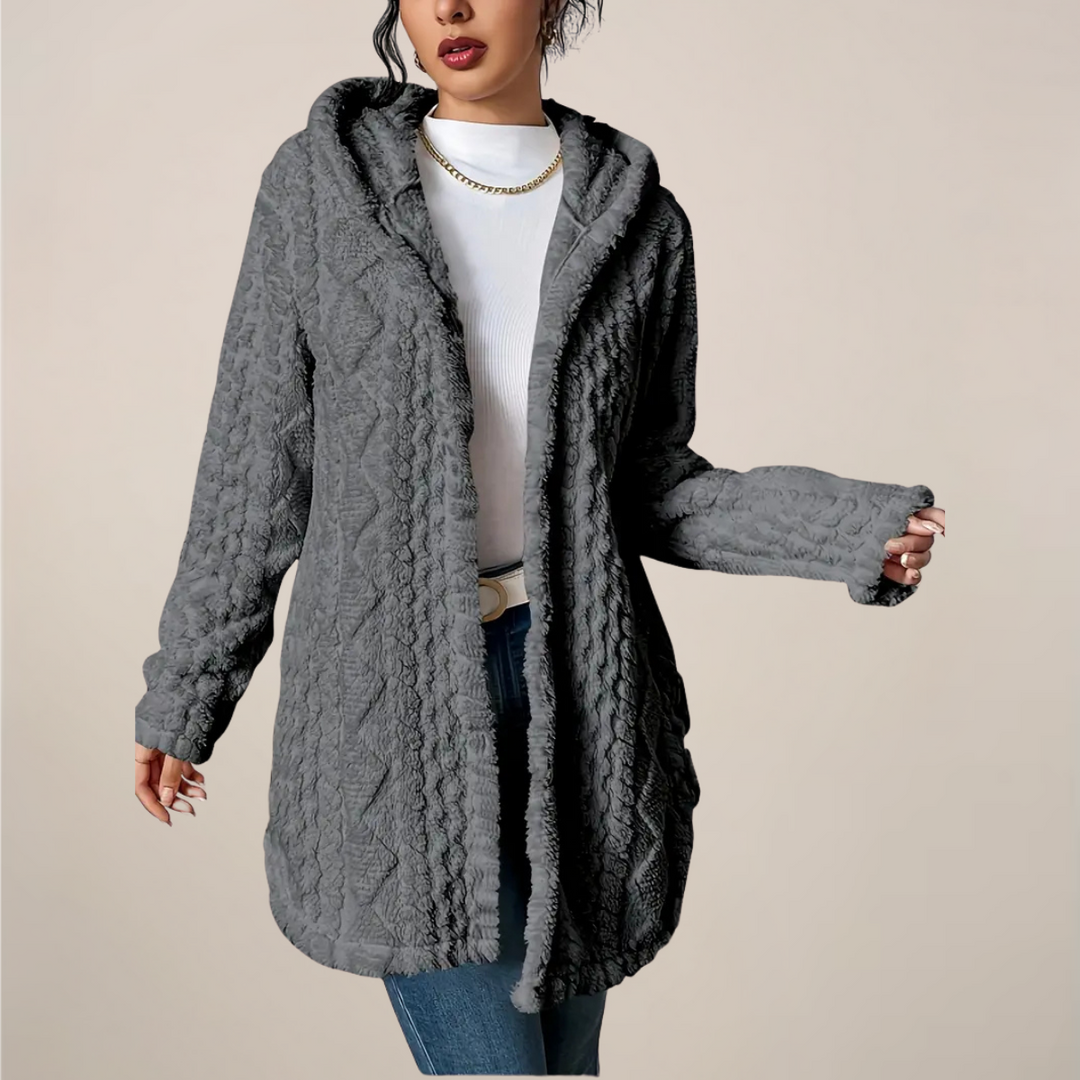 Women's textured hooded longline cardigan in a neutral color, open front style.