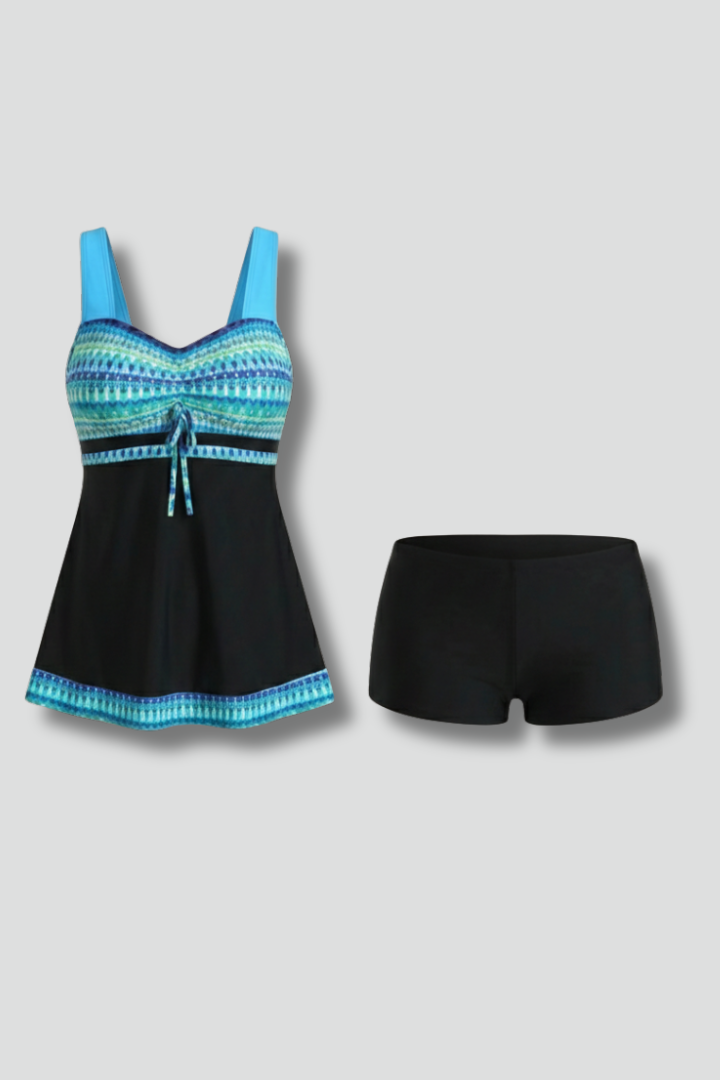 Women's tie front tankini set with black swim shorts, perfect for beach or pool.