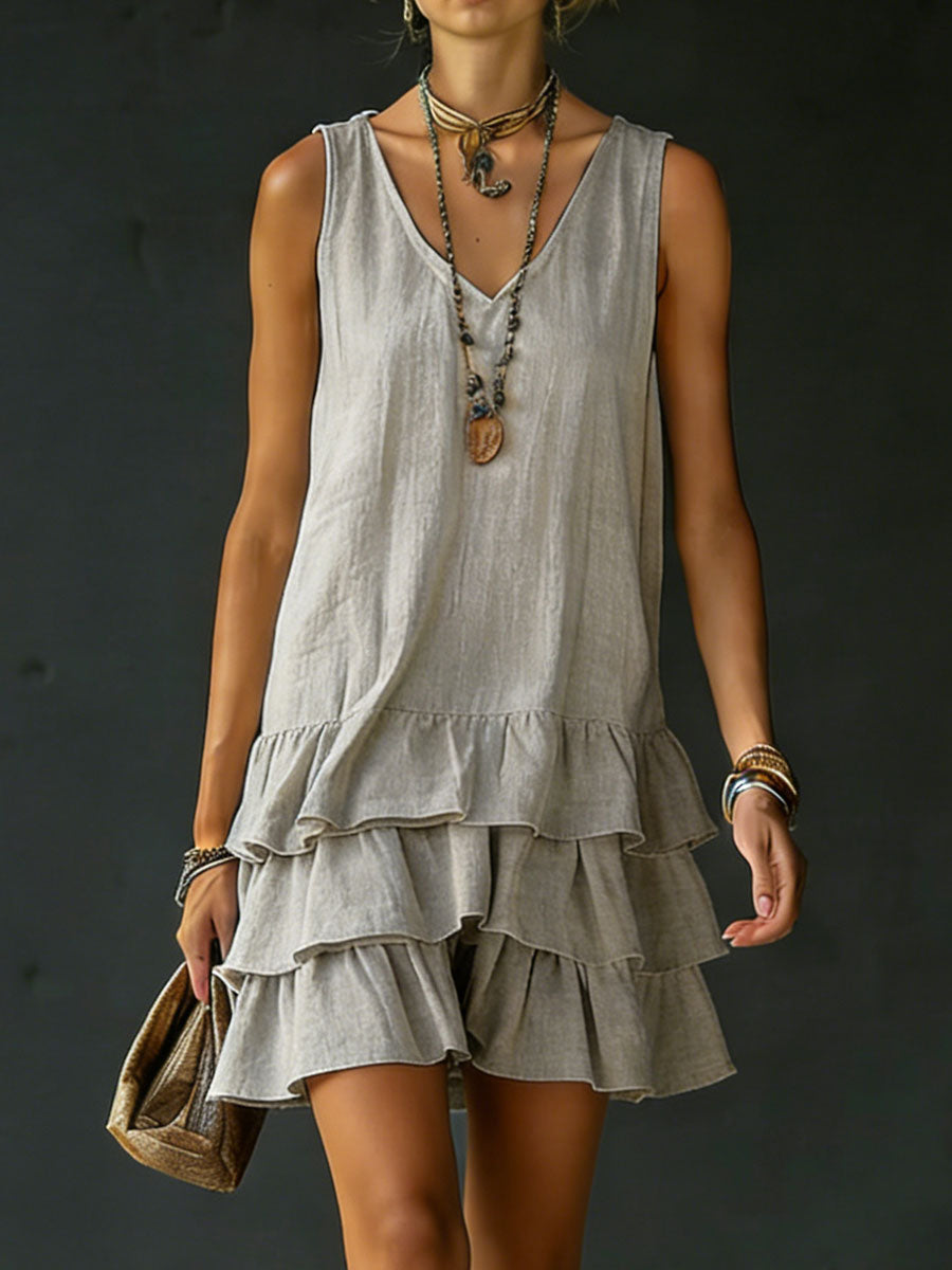 Sleeveless V-neck tiered mini dress for women, featuring ruffles, a relaxed fit, and effortless summer style.