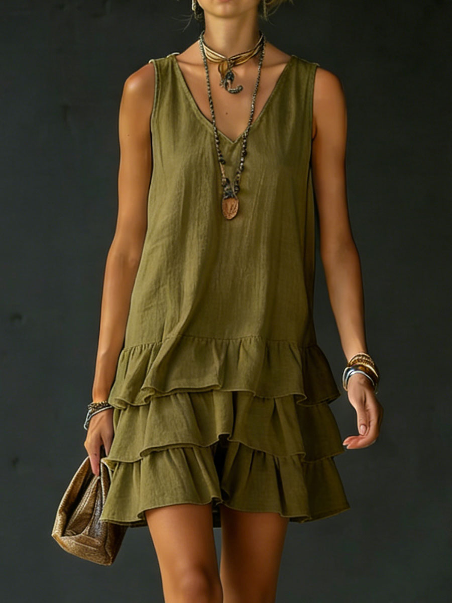 Relaxed fit women's tiered ruffle mini dress, V-neck, sleeveless, for effortless casual and vacation looks.