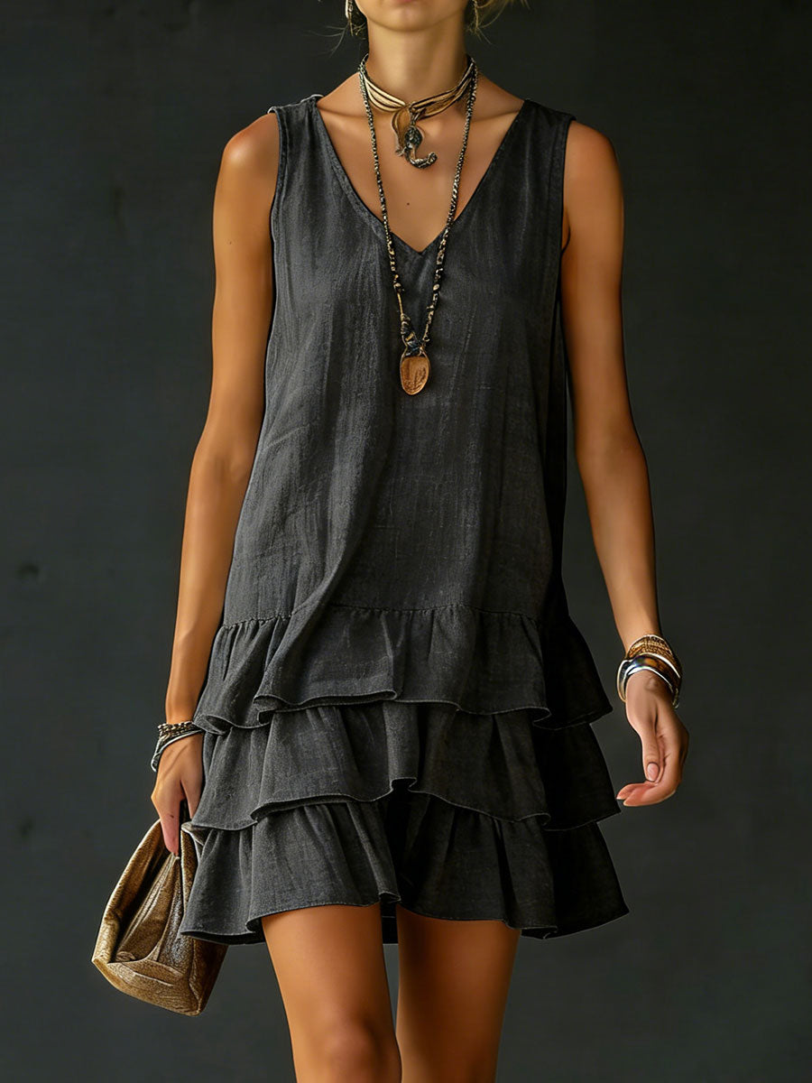 Effortless women's V-neck tiered ruffle mini dress, a versatile summer dress with a relaxed, casual fit.