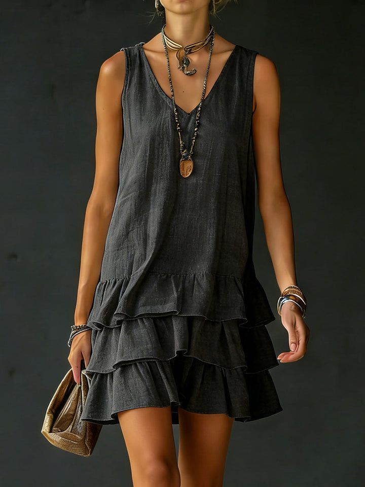 Effortless women's V-neck tiered ruffle mini dress, a versatile summer dress with a relaxed, casual fit.