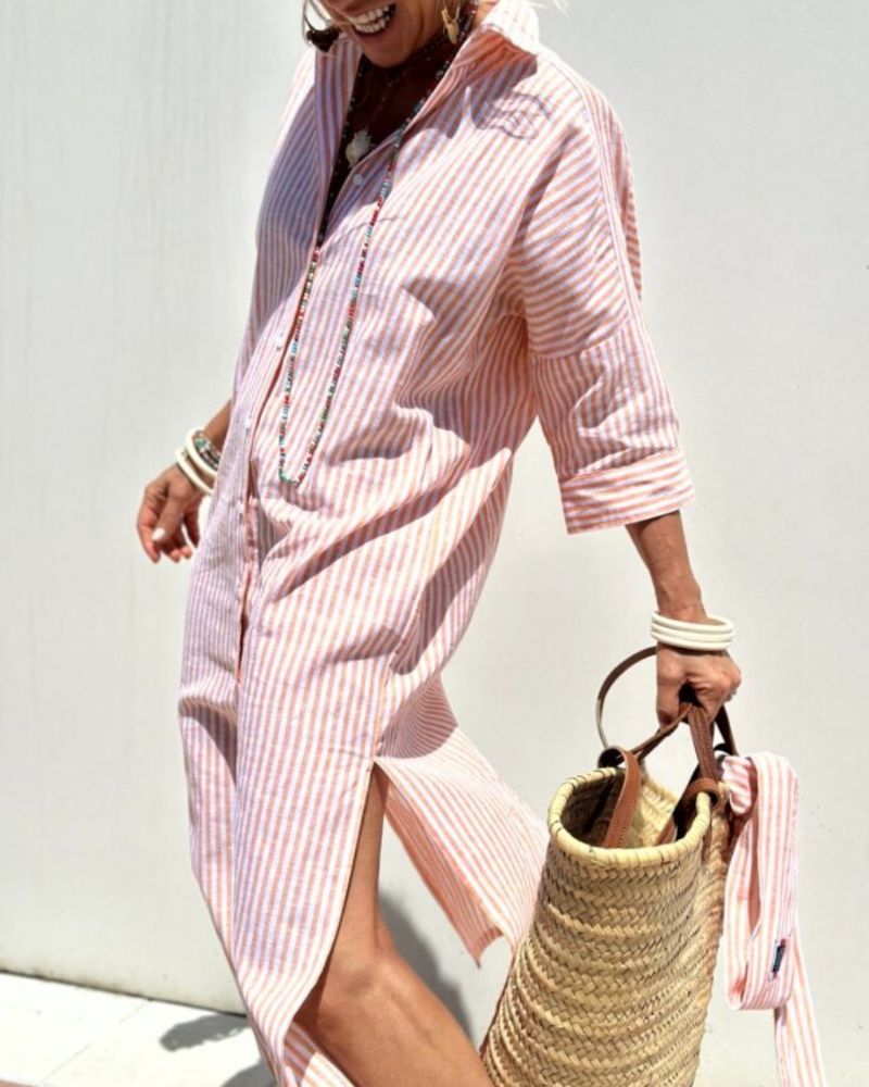 Elegant women's striped midi shirt dress for a sophisticated summer look