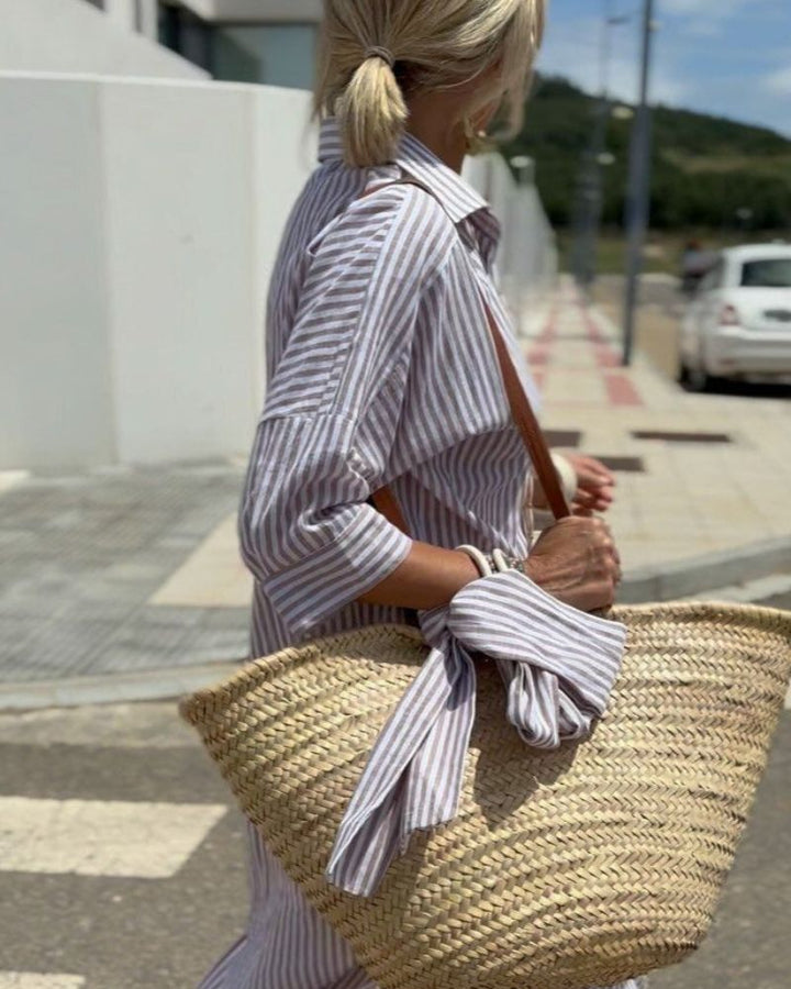 Breathable women's summer shirt dress, elegant casual striped midi design