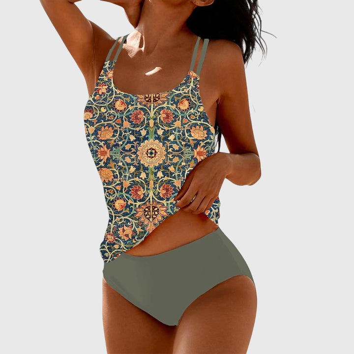 Women's tropical floral printed strappy tankini swimsuit, perfect for beach or poolside fashion.