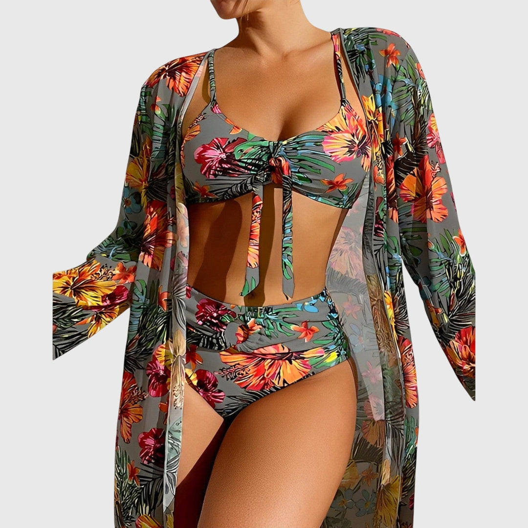 Stylish women's bikini set with vibrant tropical print, ideal for vacation outfits and resort wear.