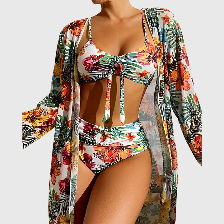 High-rise tropical print bikini swimsuit set for women, featuring a trendy and comfortable design.