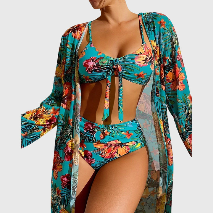 Two-piece women's swimwear with a beautiful tropical print, great for beach days and summer. 