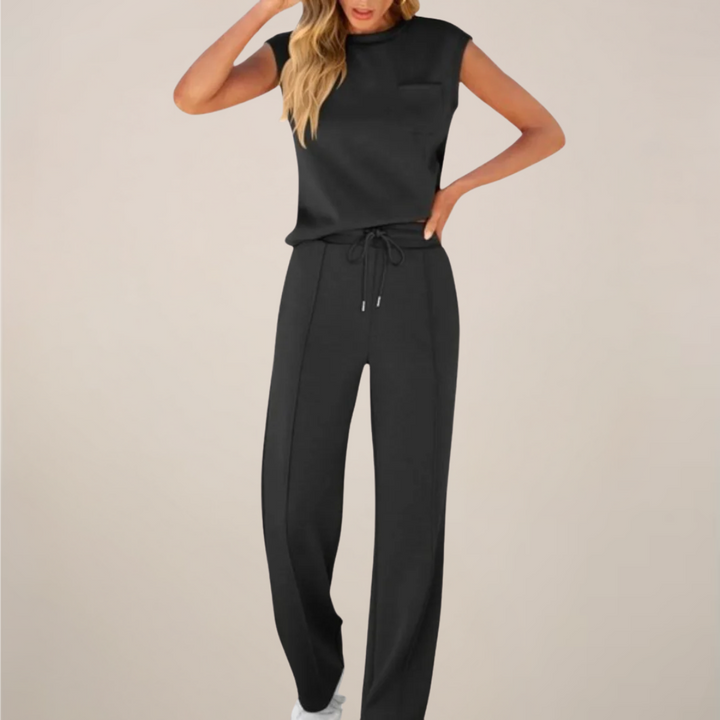 Women's two-piece drawstring relaxed fit pants set in light blue, perfect for spring casual wear.