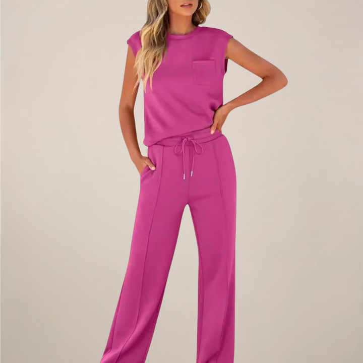 Stylish women's two-piece apparel for summer, relaxed fit pants and matching top, casual and chic.