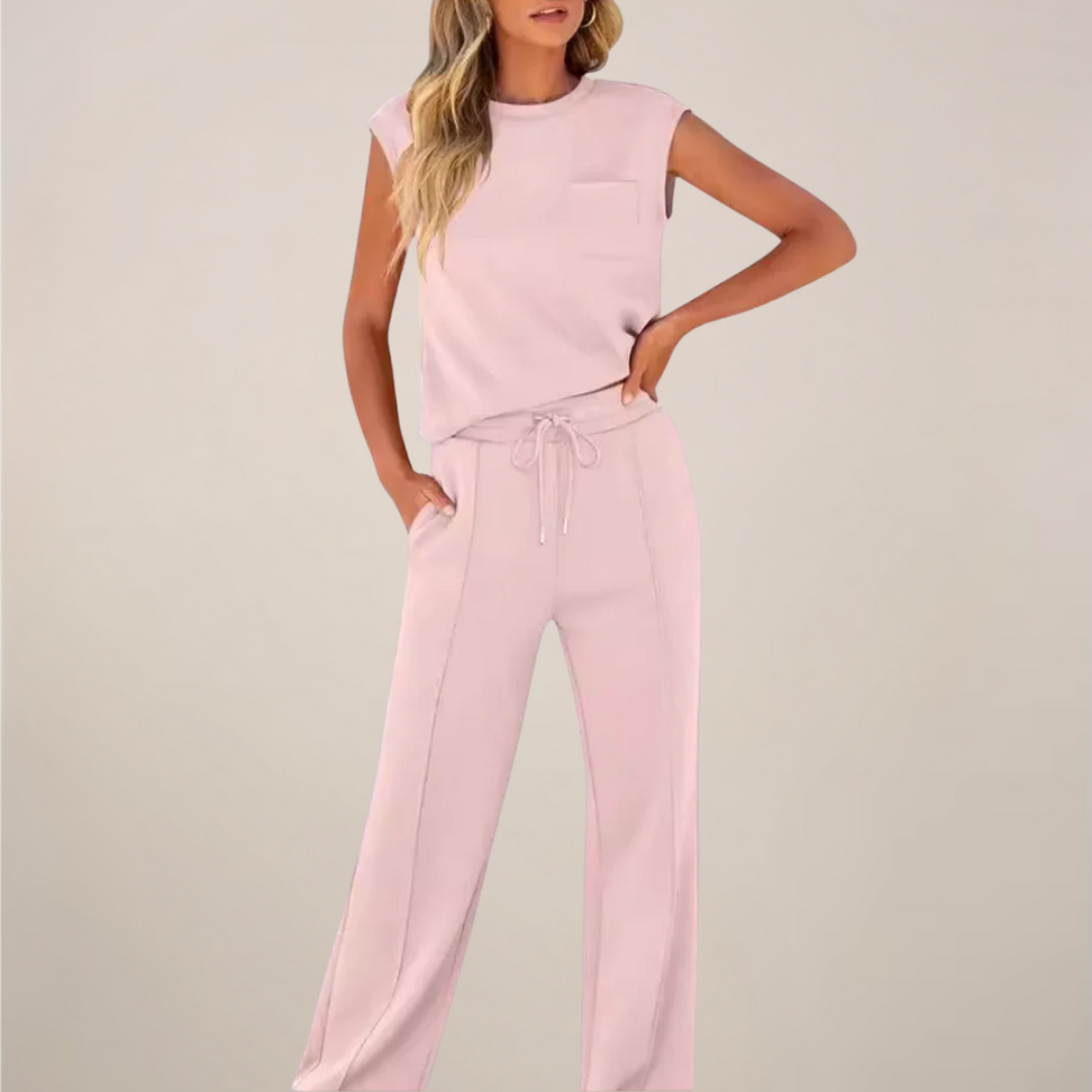 Versatile women's drawstring pants set in neutral tone, perfect for everyday casual or travel.