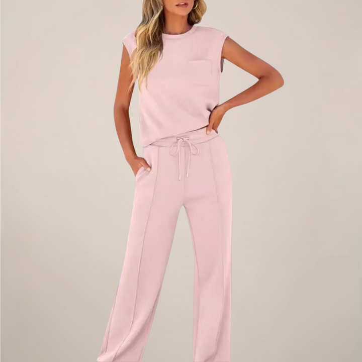 Versatile women's drawstring pants set in neutral tone, perfect for everyday casual or travel.