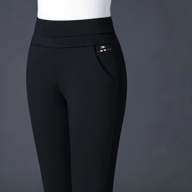Stylish high-waist stretch pants for women, offering a comfortable and flattering fit for any occasion.