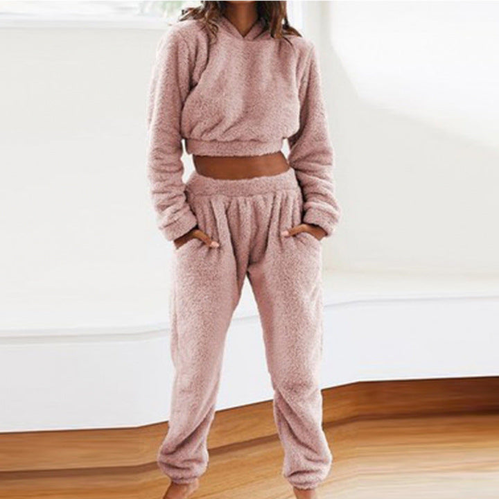 Cozy women's two-piece lounge set, perfect for home wear & relaxation. Features hooded top & comfy pants.