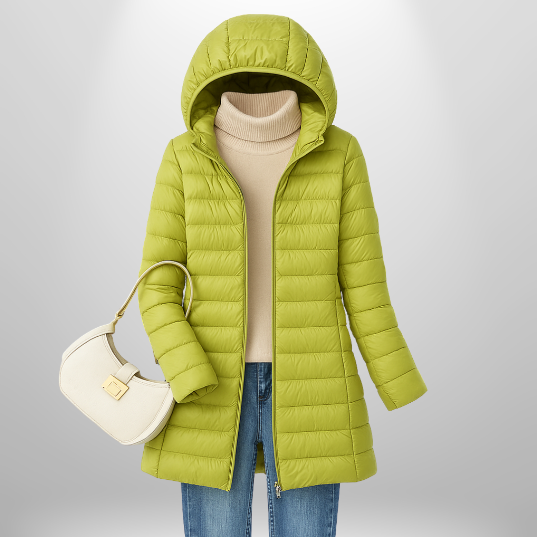 Chic women's lightweight travel jacket, ultra-packable, warm & comfortable.