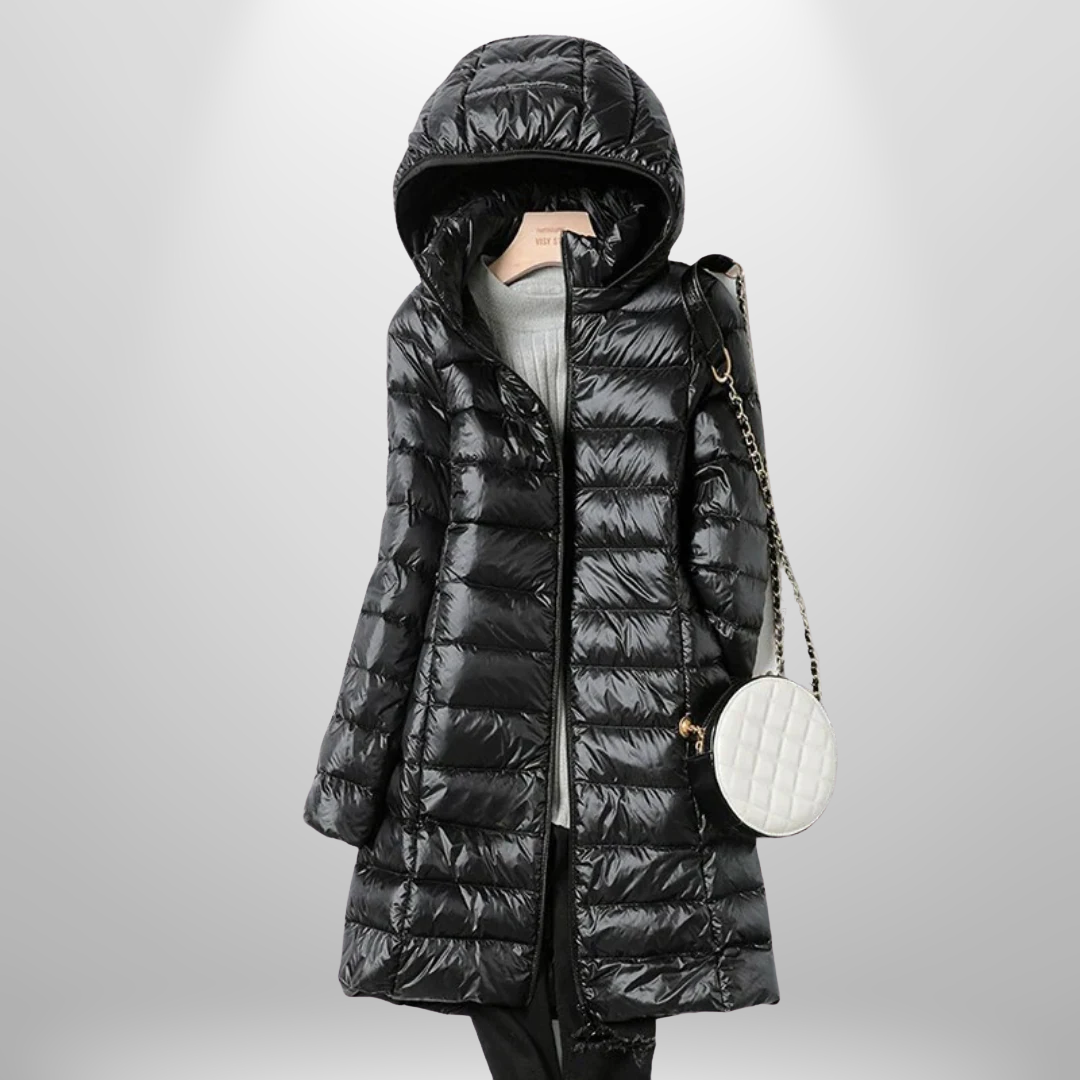 Packable warm jacket for women, ideal for fall, winter, and outdoor activities.