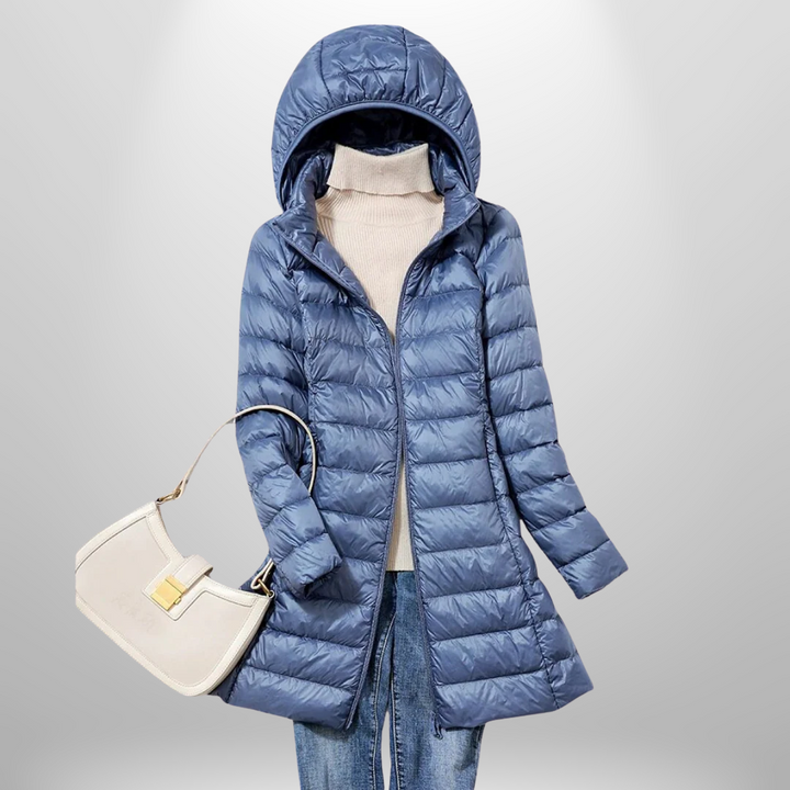 Casual women's lightweight jacket, ultra-packable and warm, great for travel.