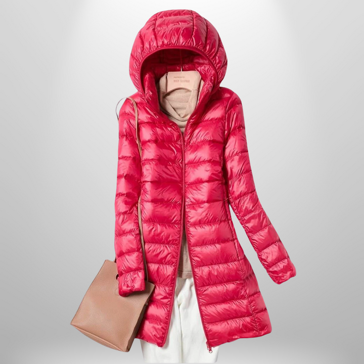 Women's stylish packable warm coat, lightweight and perfect for travel and outdoor wear.