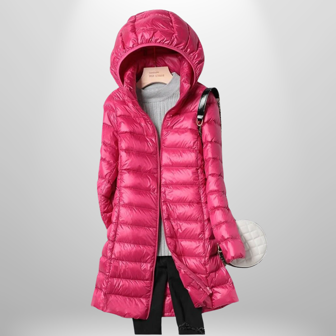 Essential women's fall/winter jacket: ultra-lightweight, warm, and packable for travel.