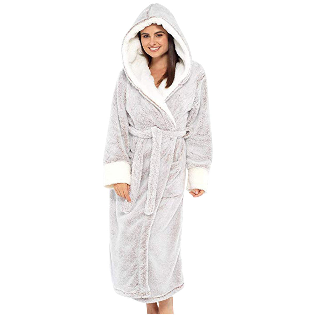Elegant grey women's hooded fleece robe with deep pockets, perfect for luxurious home comfort.