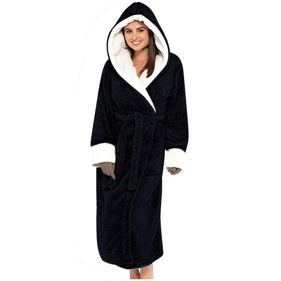 Premium women's long hooded fleece sleepwear robe, providing warmth & comfort, ideal for chilly mornings.