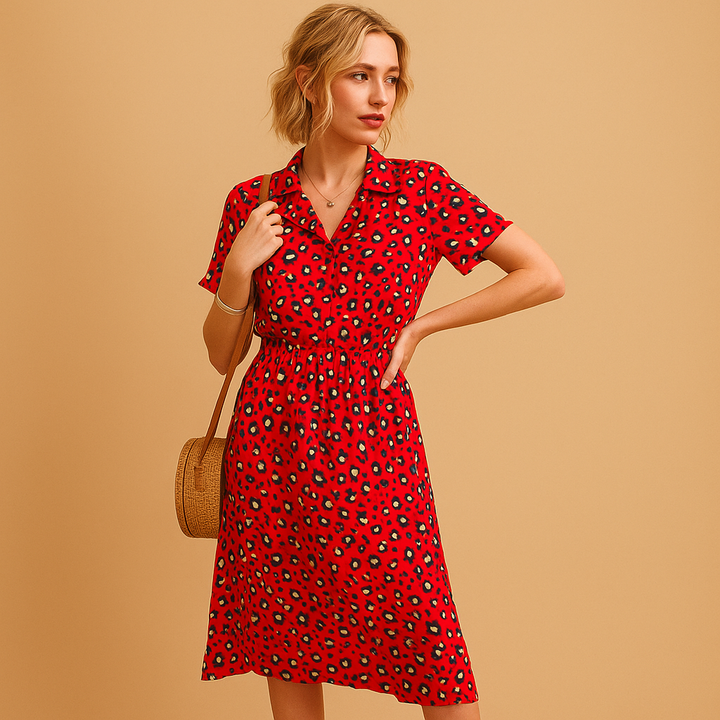 Women's V-neck A-line midi summer dress with button detail, perfect for casual or holiday wear.