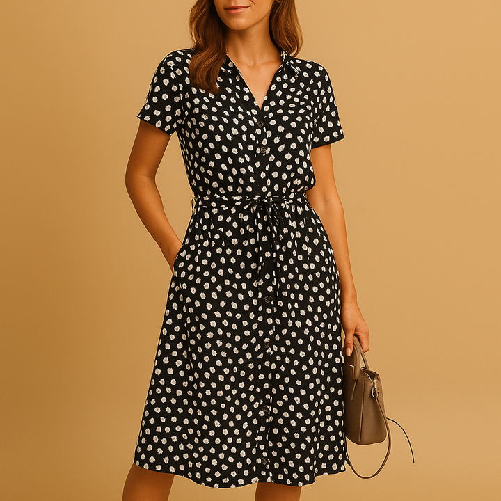 Comfortable women's holiday dress, A-line midi length, V-neck, and stylish button accents.