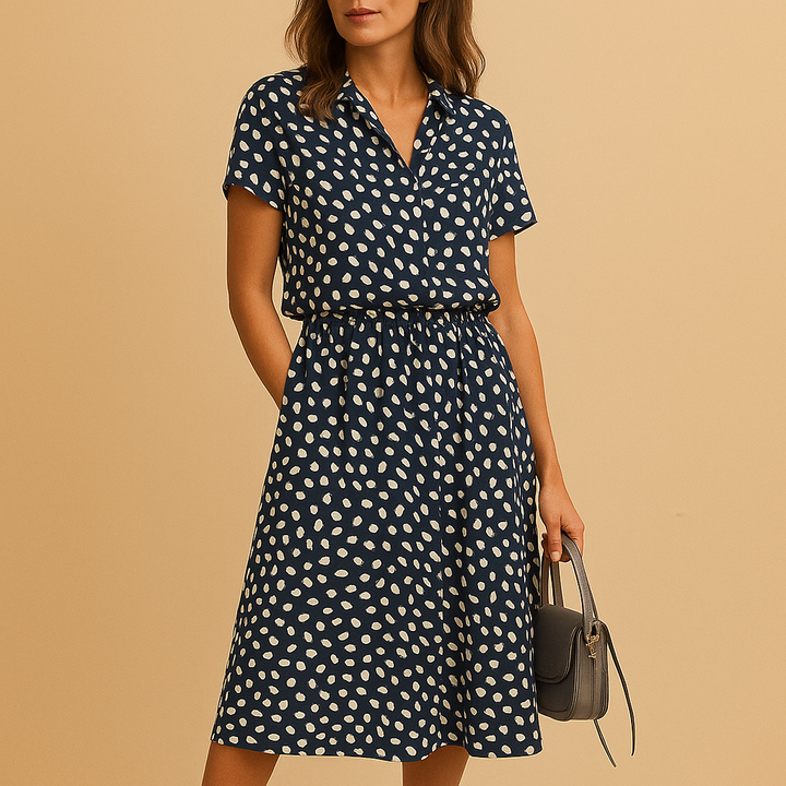 Fashionable women's casual midi dress, V-neck, A-line silhouette with chic button detailing.
