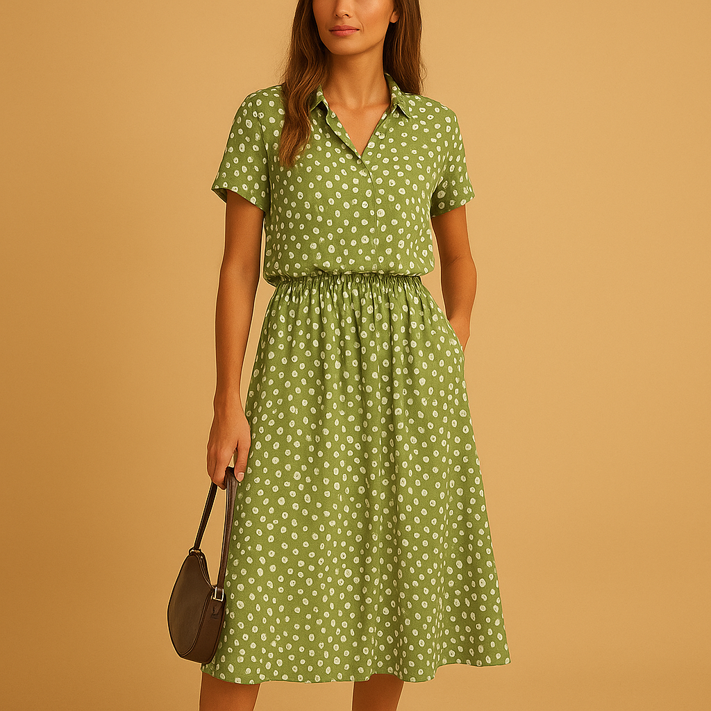 Lightweight women's summer dress, A-line midi style, V-neckline, and functional front buttons.