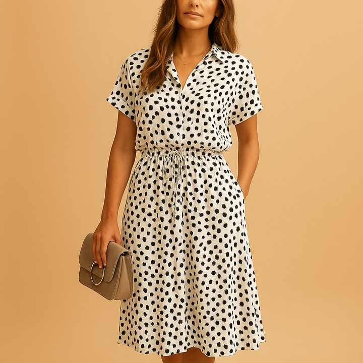 Women's V-neck button-front A-line midi dress, a must-have for summer and versatile styling.