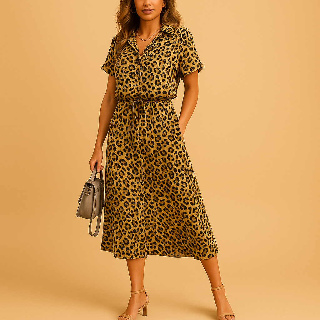 Stylish women's summer fashion: A-line midi dress with V-neck and charming button details.