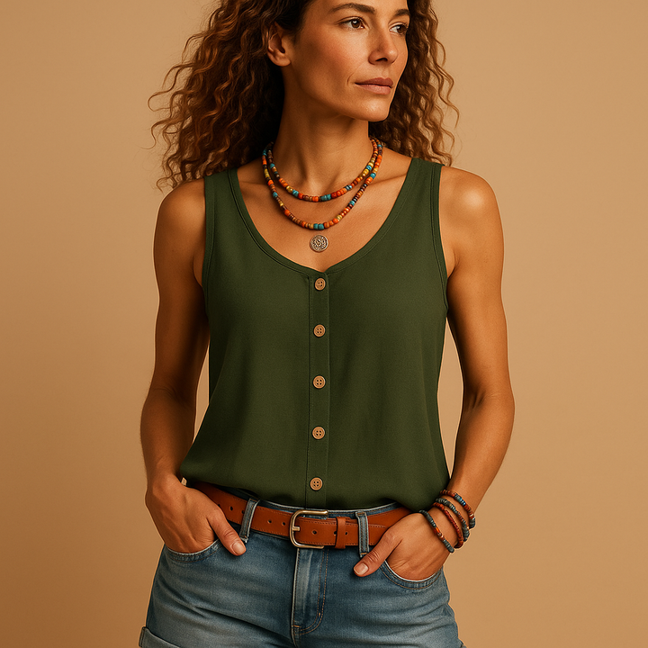 Women's V-neck button-down sleeveless top in a lightweight solid color, perfect for summer casual wear.