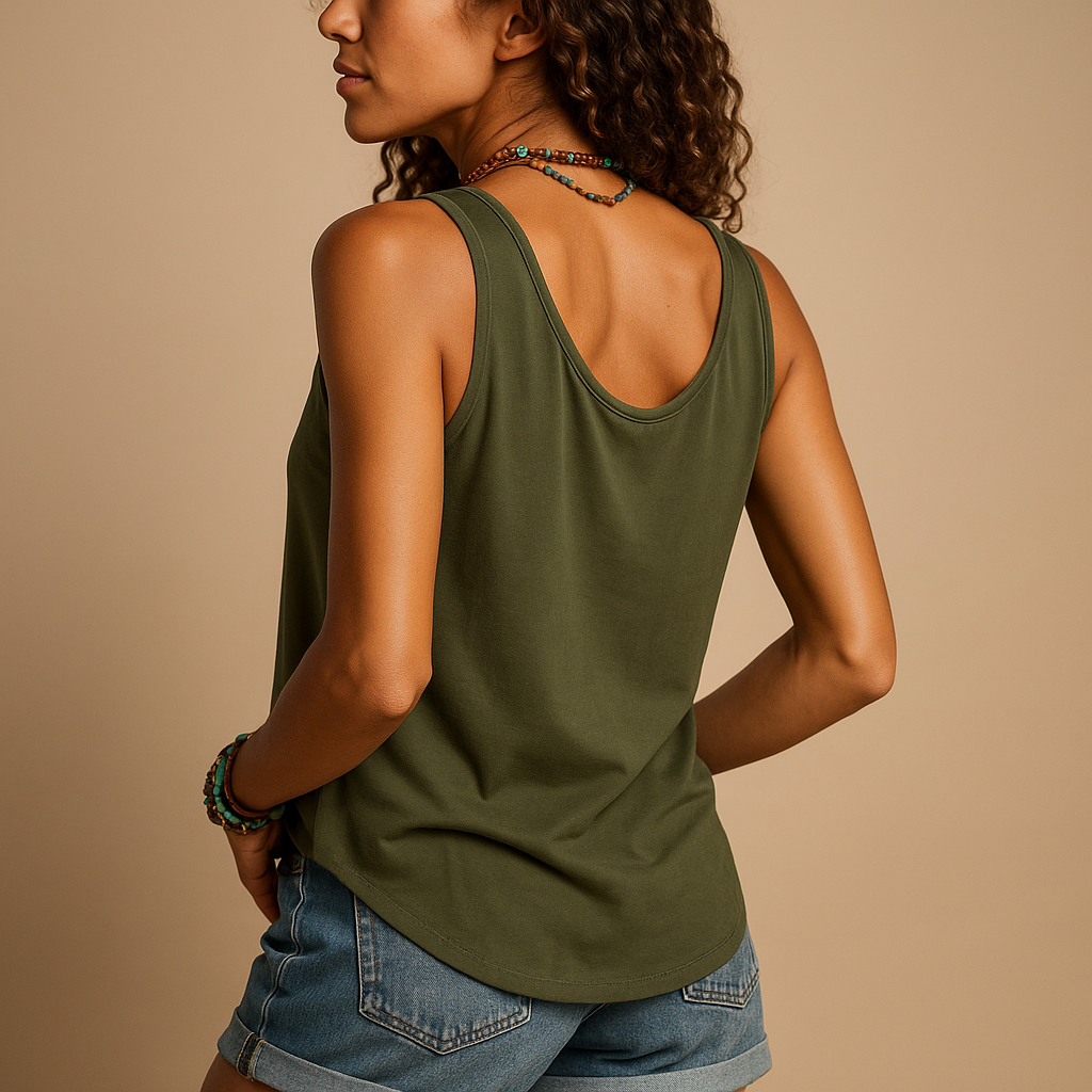 Fashionable women's sleeveless blouse featuring a stylish V-neck and functional button-down front.