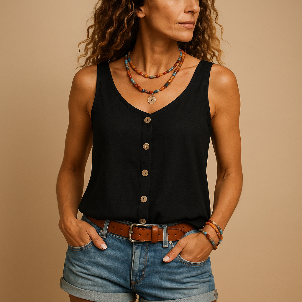 Casual white women's sleeveless top with a deep V-neck and a row of elegant buttons.