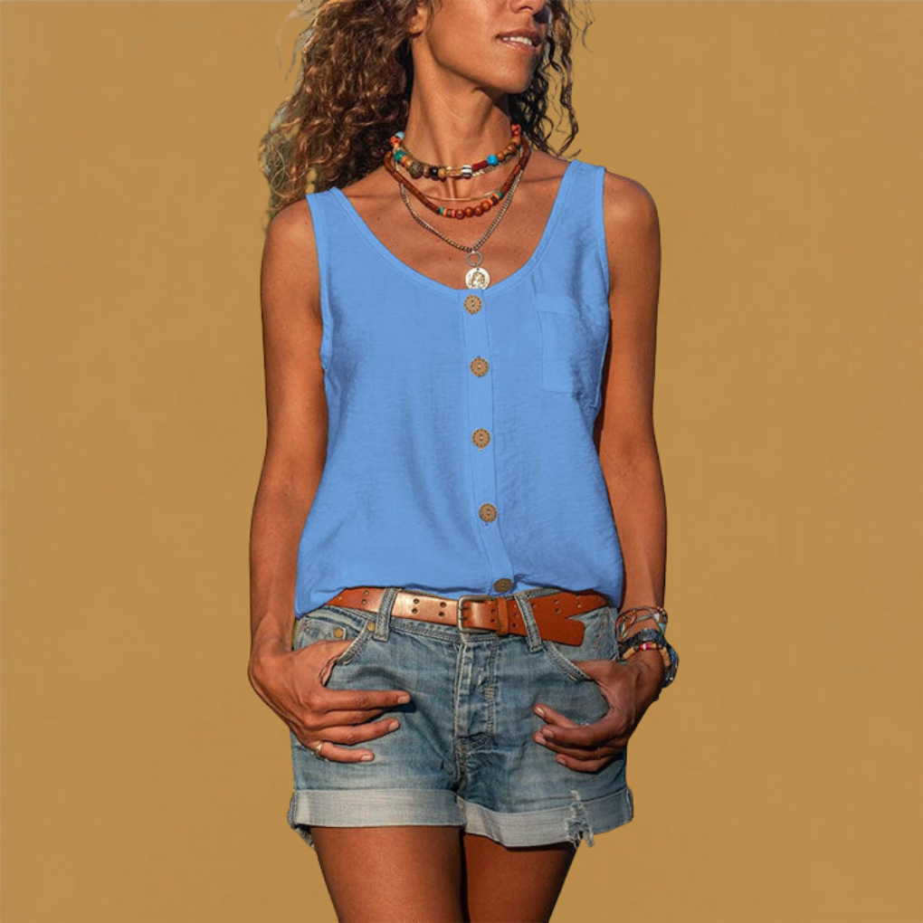 Close-up of a women's V-neck sleeveless top showing the button details and fabric texture.