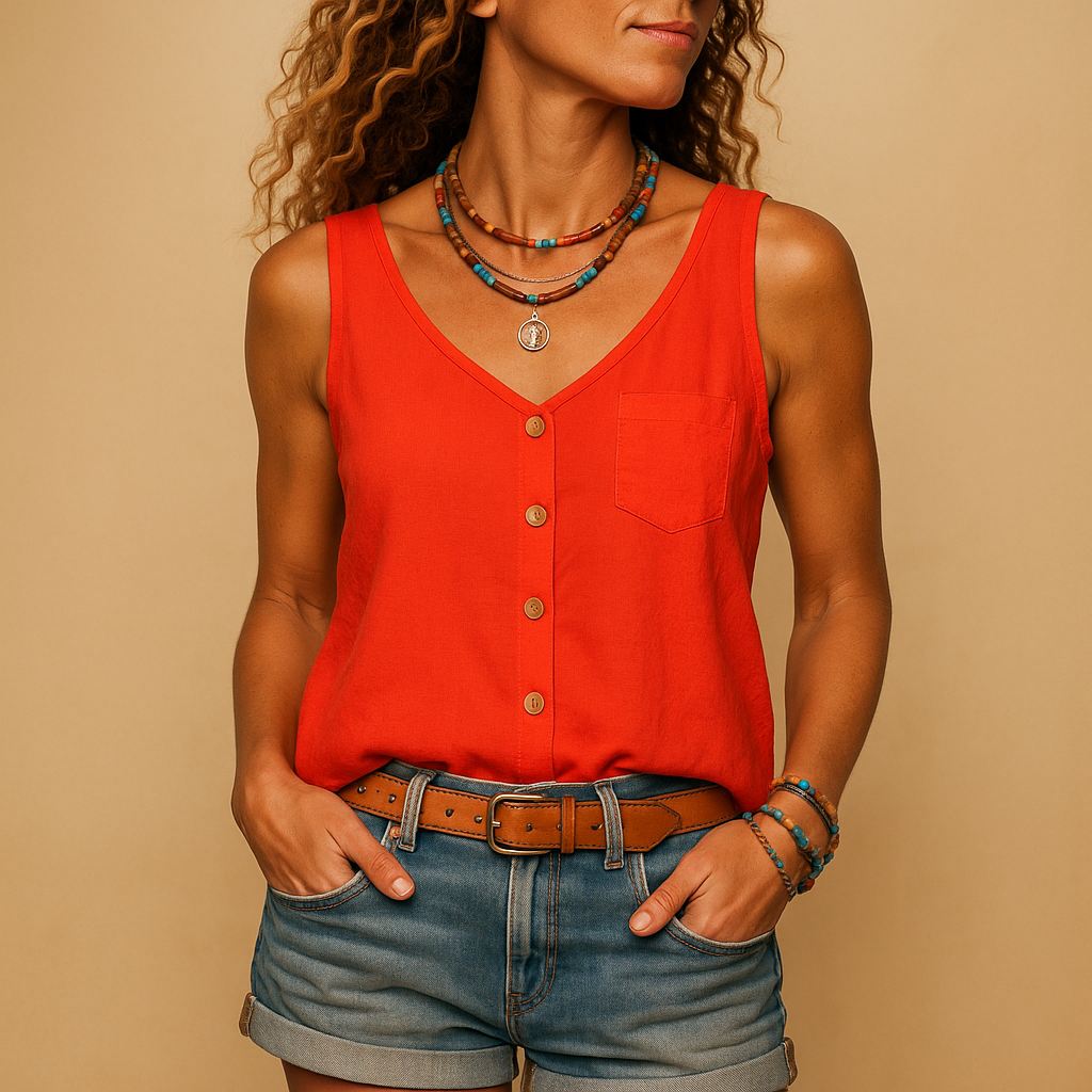 Stylish women's button-down sleeveless top, V-neck cut, suitable for diverse casual outfits.