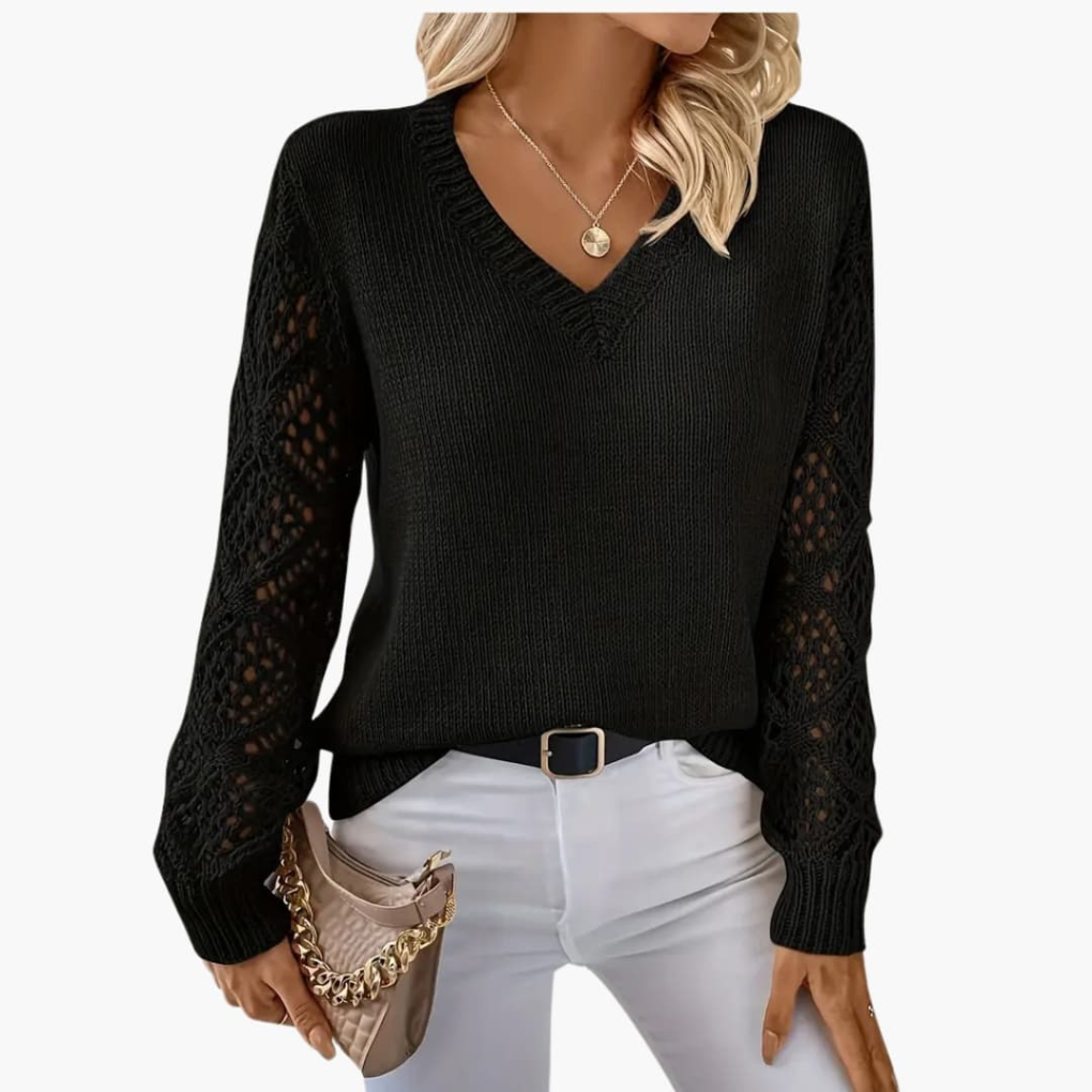 Women's V-neck jumper with stylish open sleeve detail, ideal for autumn/winter comfort.