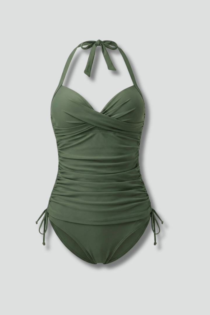 Women's V-neck ruched side tankini swimsuit, black, perfect for summer beachwear and poolside.