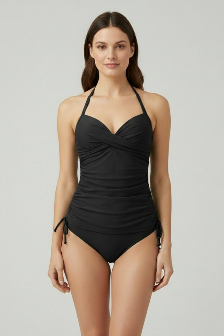 Elegant V-neck ruched tankini, a must-have for women's beachwear and tropical vacations.