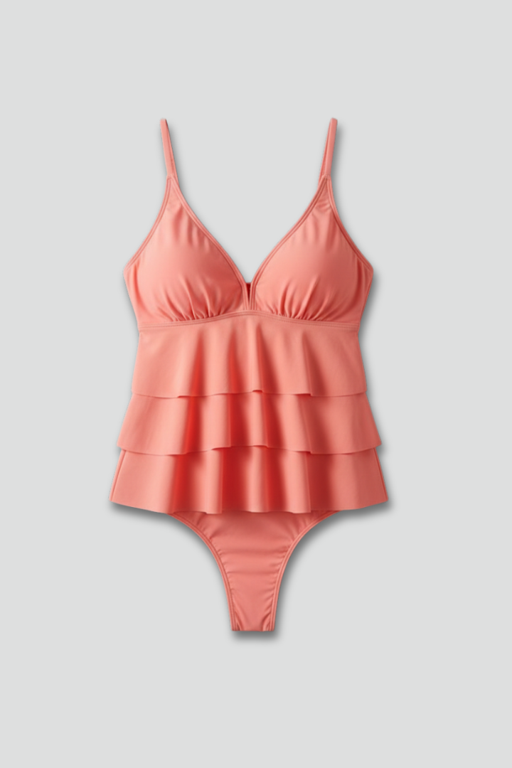 Women's V-Neck Tiered Ruffle Tankini Swimsuit Set, perfect for beachwear.