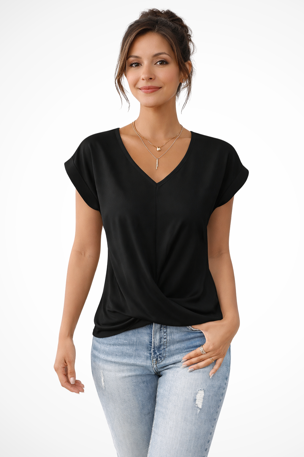 Versatile women's short sleeve V-neck top with twist hem. Easily styled for casual or elegant looks, a great blouse.