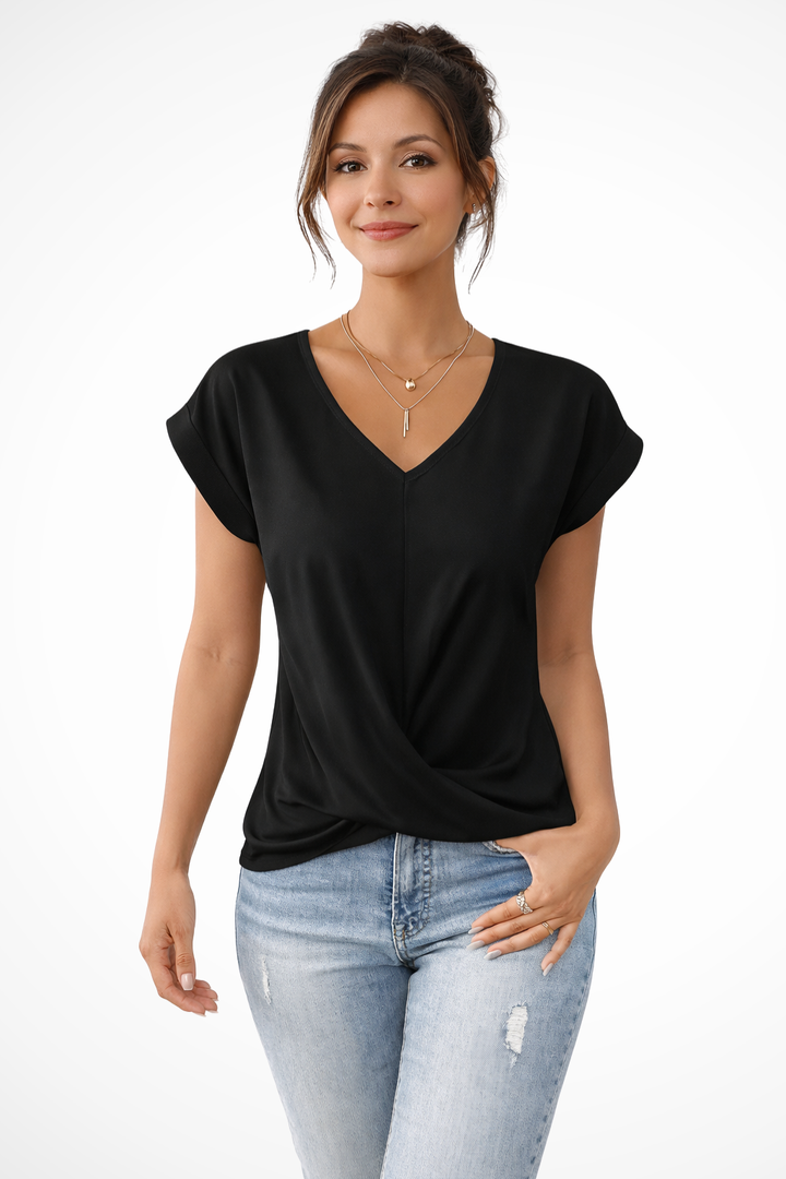 Versatile women's short sleeve V-neck top with twist hem. Easily styled for casual or elegant looks, a great blouse.