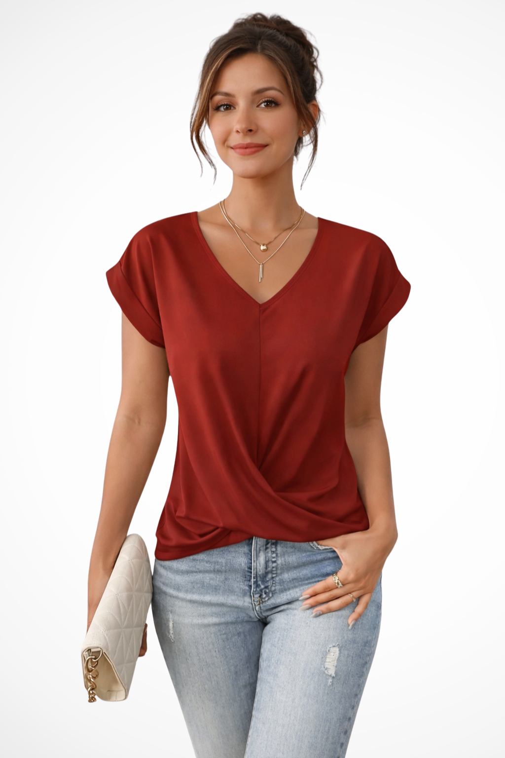 White V-neck short sleeve top with twist hem for women. Fresh summer fashion, relaxed fit, versatile casual blouse.