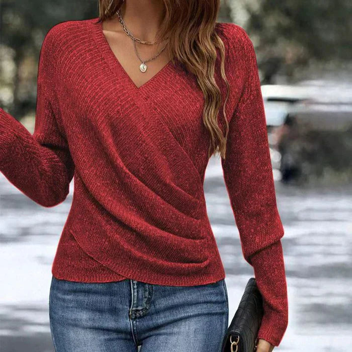Casual women's V-neck long-sleeve wrap top, a lightweight and versatile addition to spring fashion.